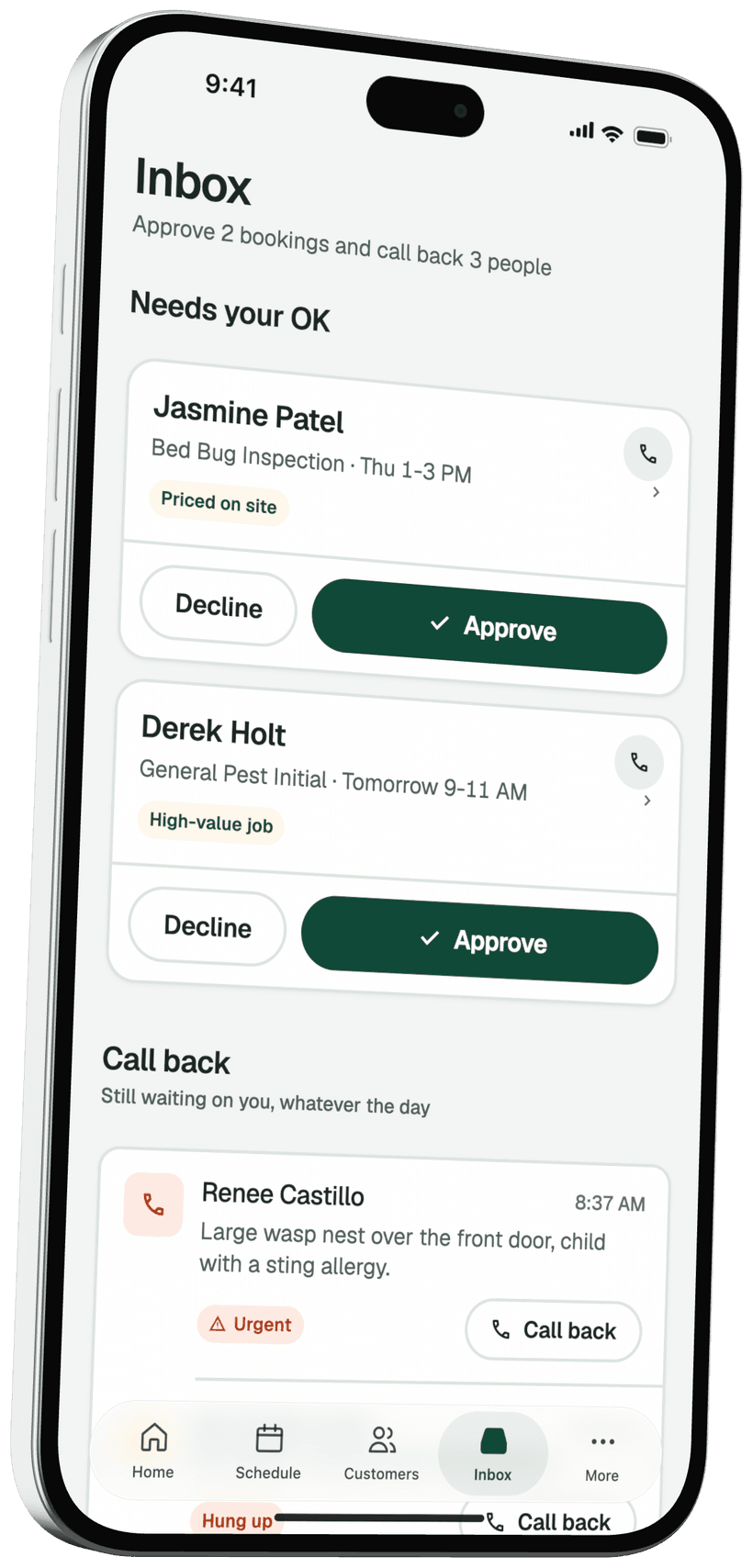 The PestLine AI app inbox on an iPhone: bookings the AI receptionist took, ready to approve in one tap, and callers to ring back