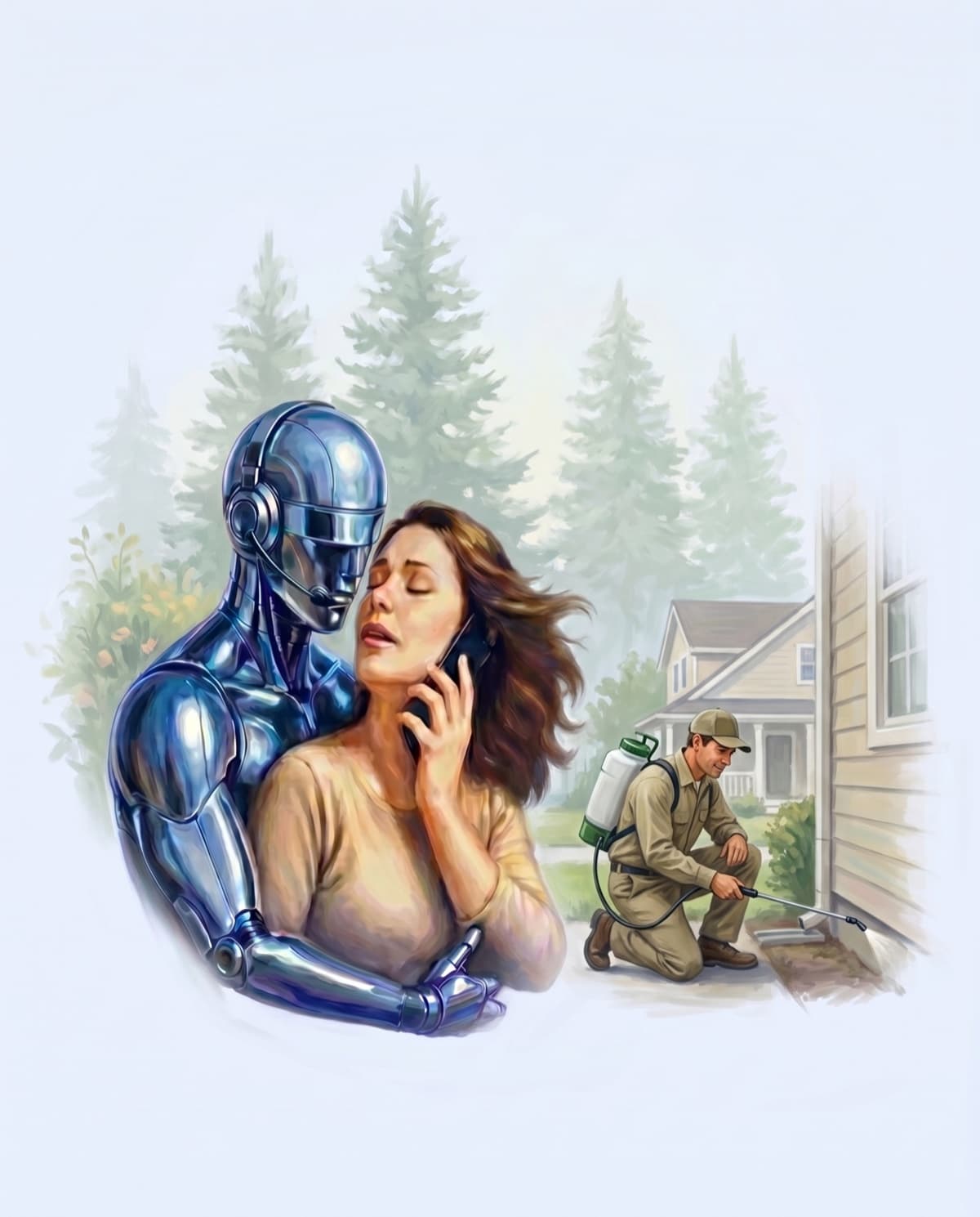 Painterly illustration: the PestLine AI receptionist answers a relieved caller while a technician treats a home in the background