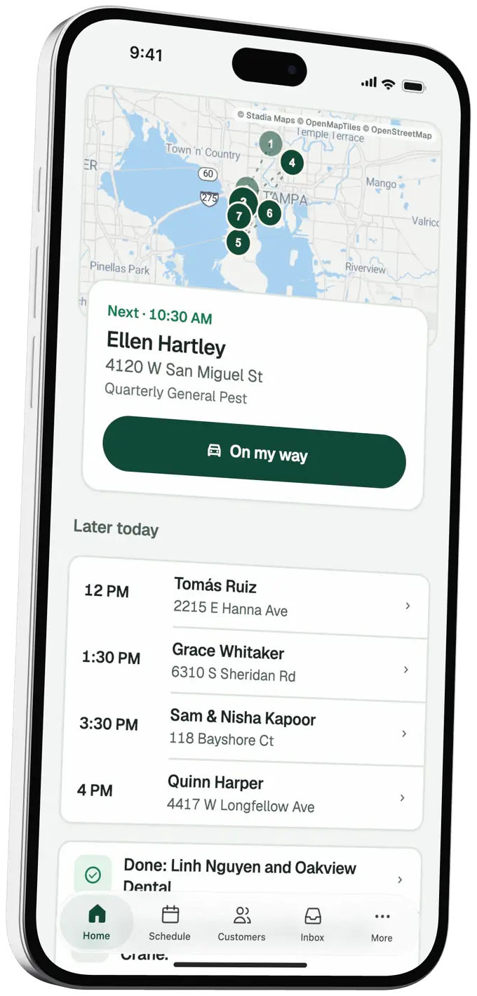 The PestLine AI app on an iPhone: the day's stops on a map, then the schedule, the inbox and the home screen